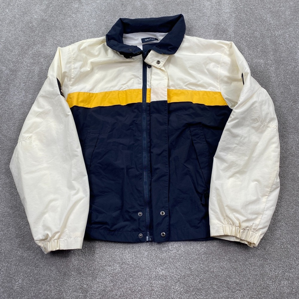 Nautica Full Zip Up Nylon Windbreaker Jacket Women's Size L Ivory Navy Blue